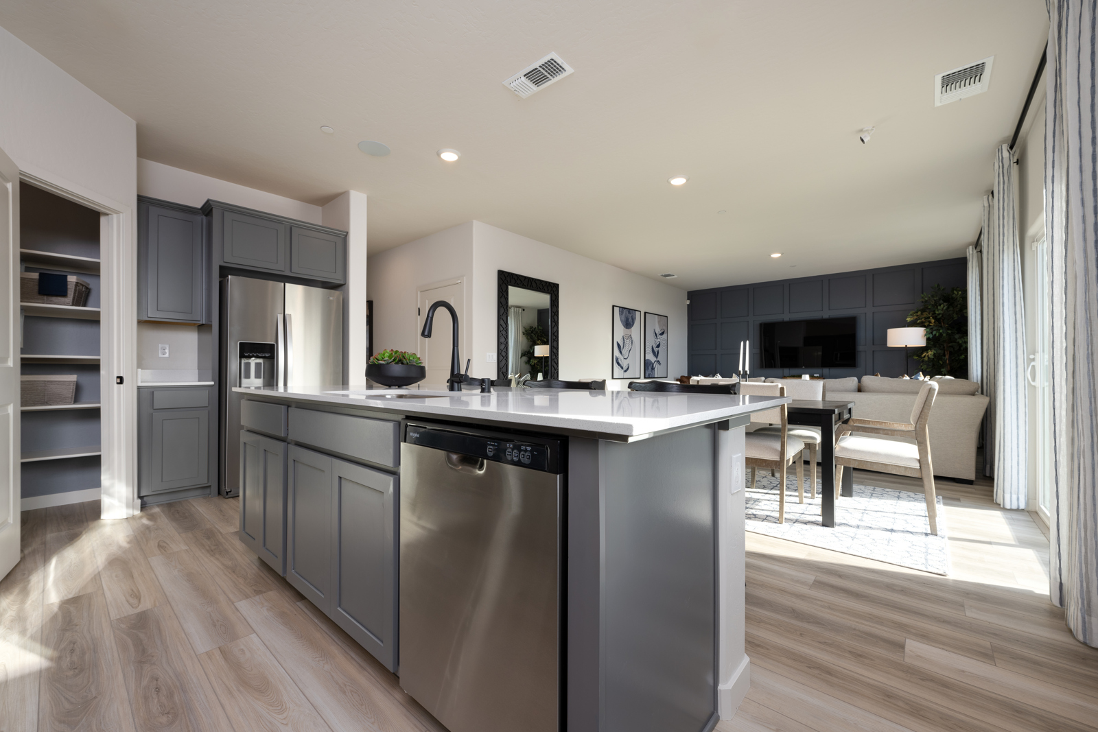 A kitchen with a large island.