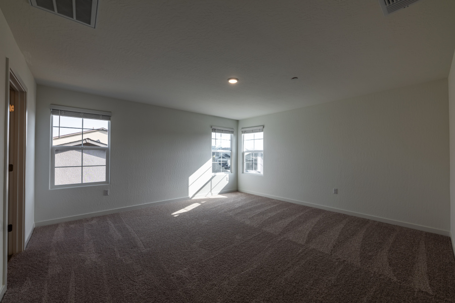 A room with a carpet and windows.