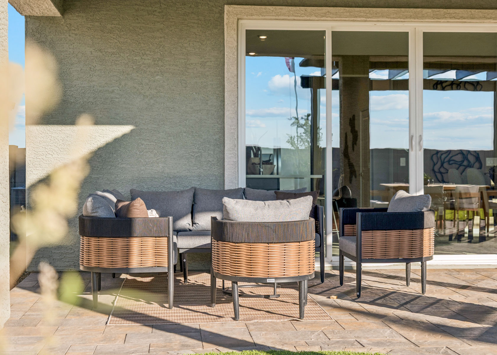 A group of chairs outside.
