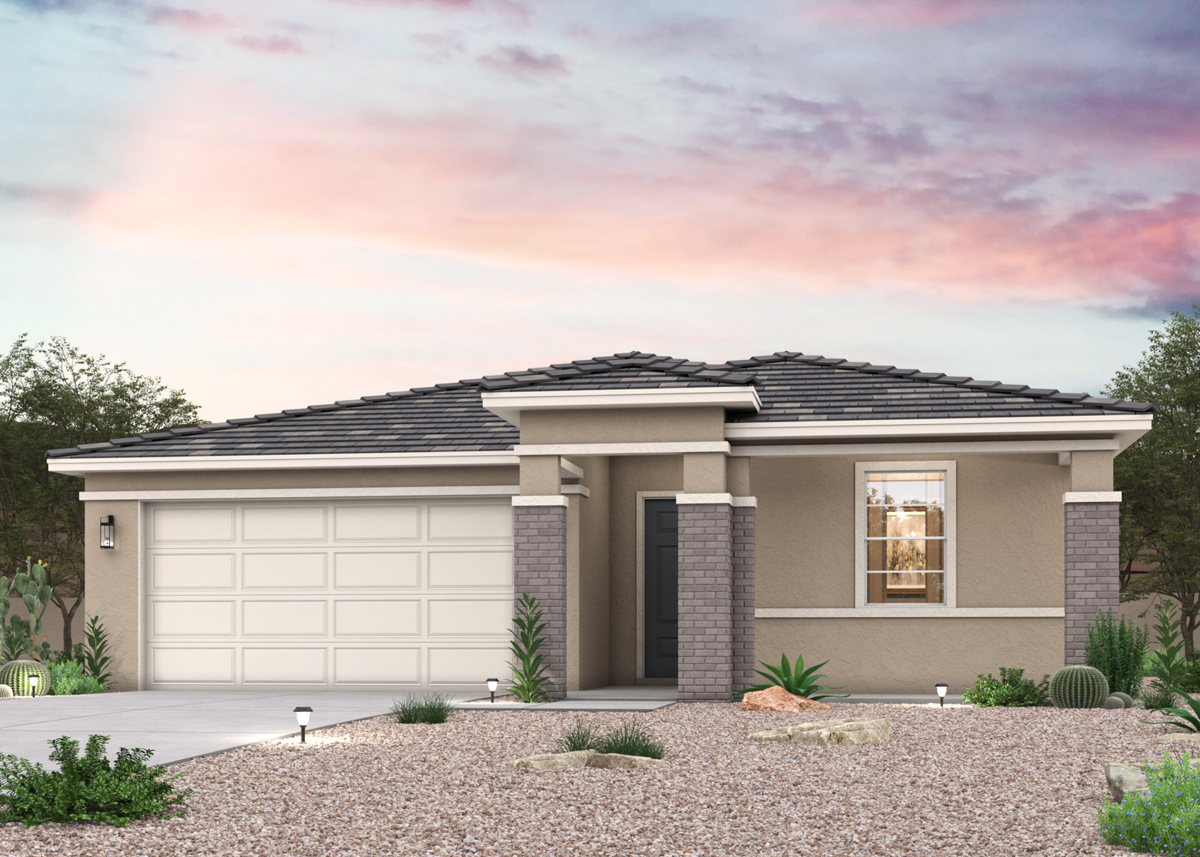 Twilight rendering of front of home with 2 car garage in Surprise, AZ