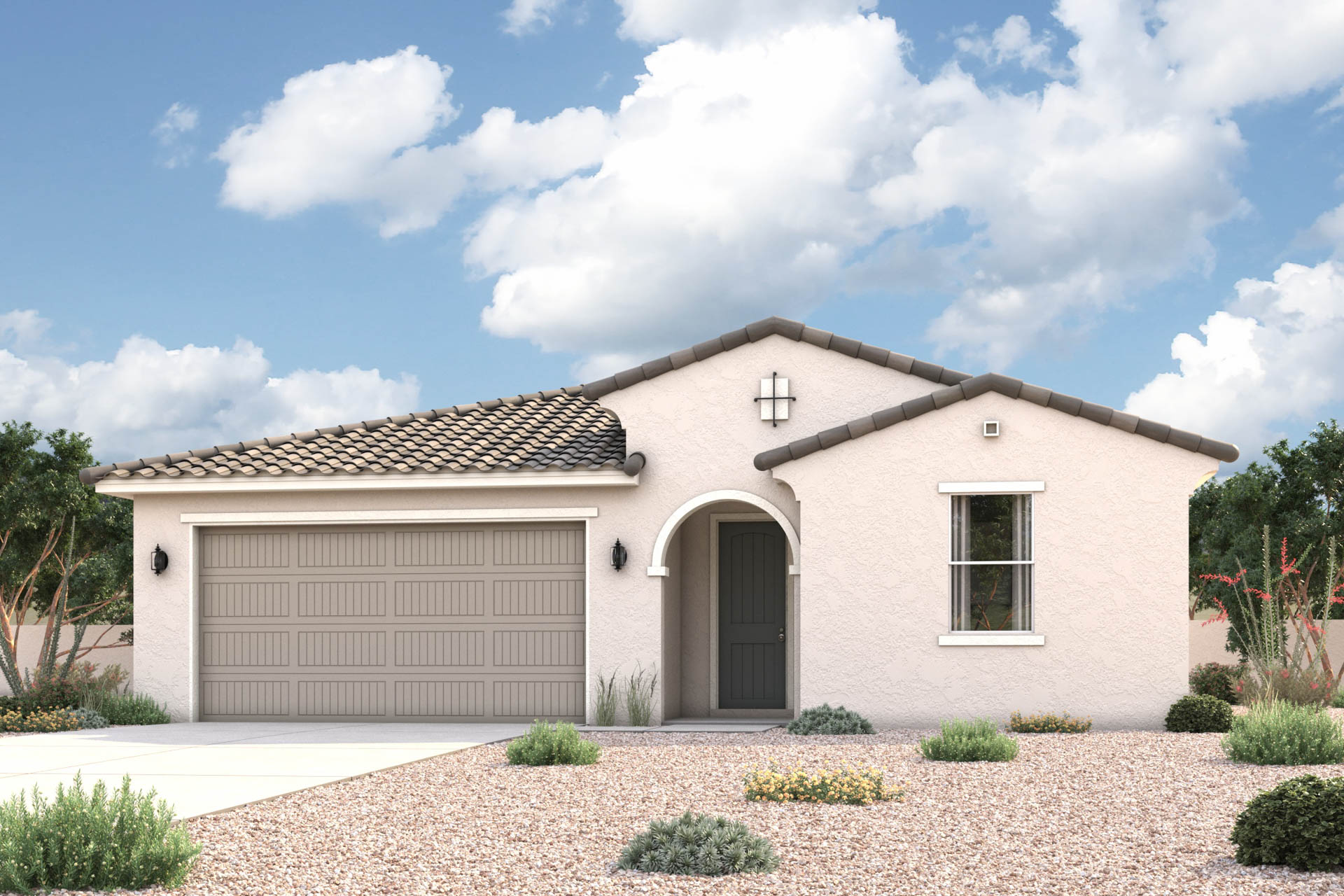 New Home Spanish exterior elevation rendering of single-story 4-bedroom 3-bathroom floor plan with an additional ensuite bedroom with full bath in addition to the primary suite in Florence AZ Near Queen Creek USDA Loan VA Loan Eligible Near Hunt Highway with community Pool, Gym and more!