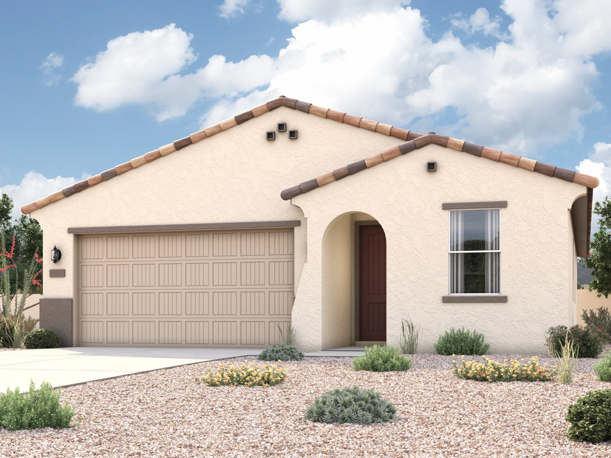 Rendering of front of new home for sale in San Tan, AZ with 2 car garage in the beautiful Skyline Village community with pool.