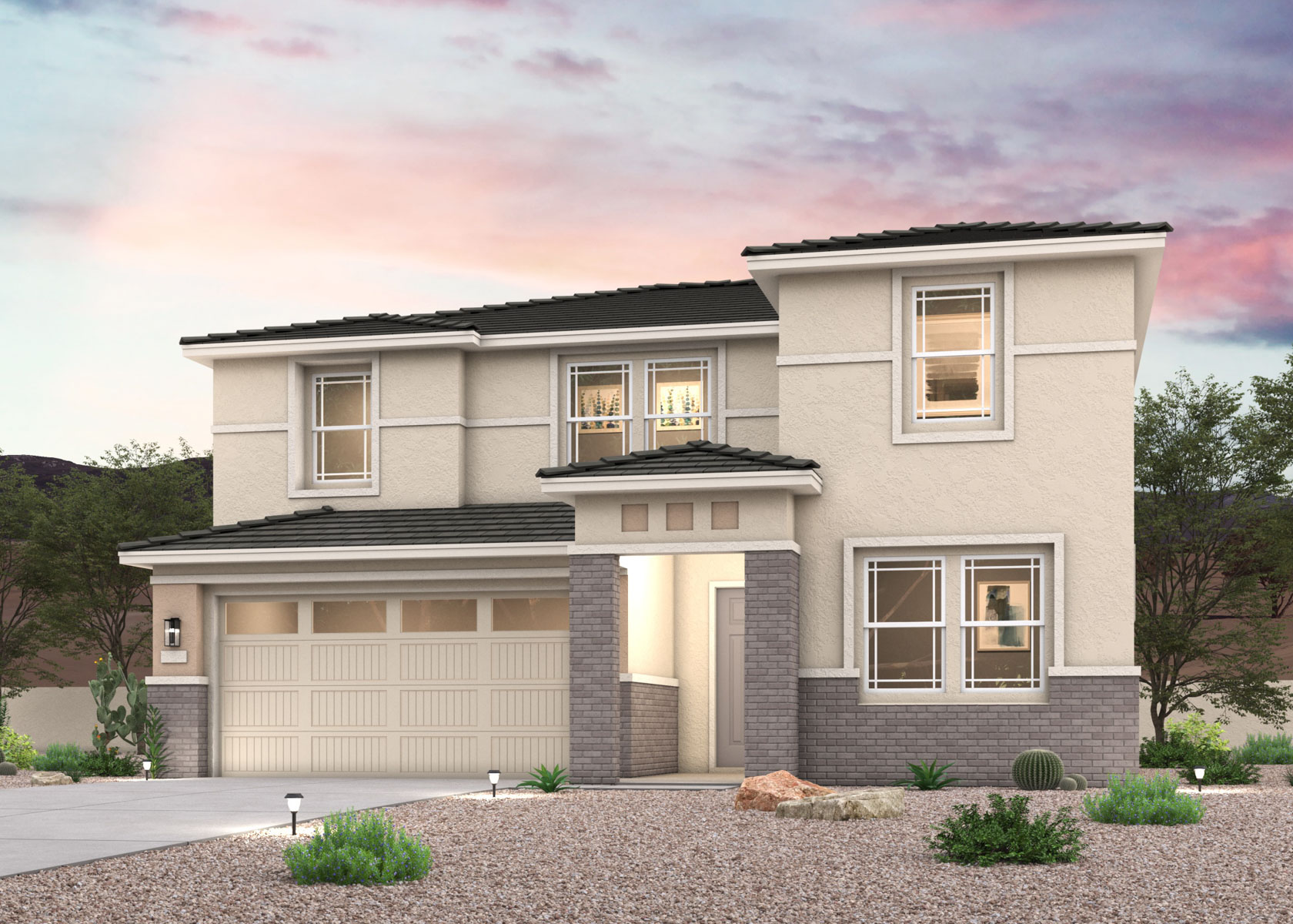 Twilight rendering of front of new 2-story modern farmhouse home for sale in Buckeye, AZ with 2 car garage.