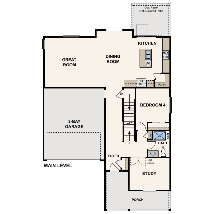 Diagram, engineering drawing. Main Level Marion Floorplan