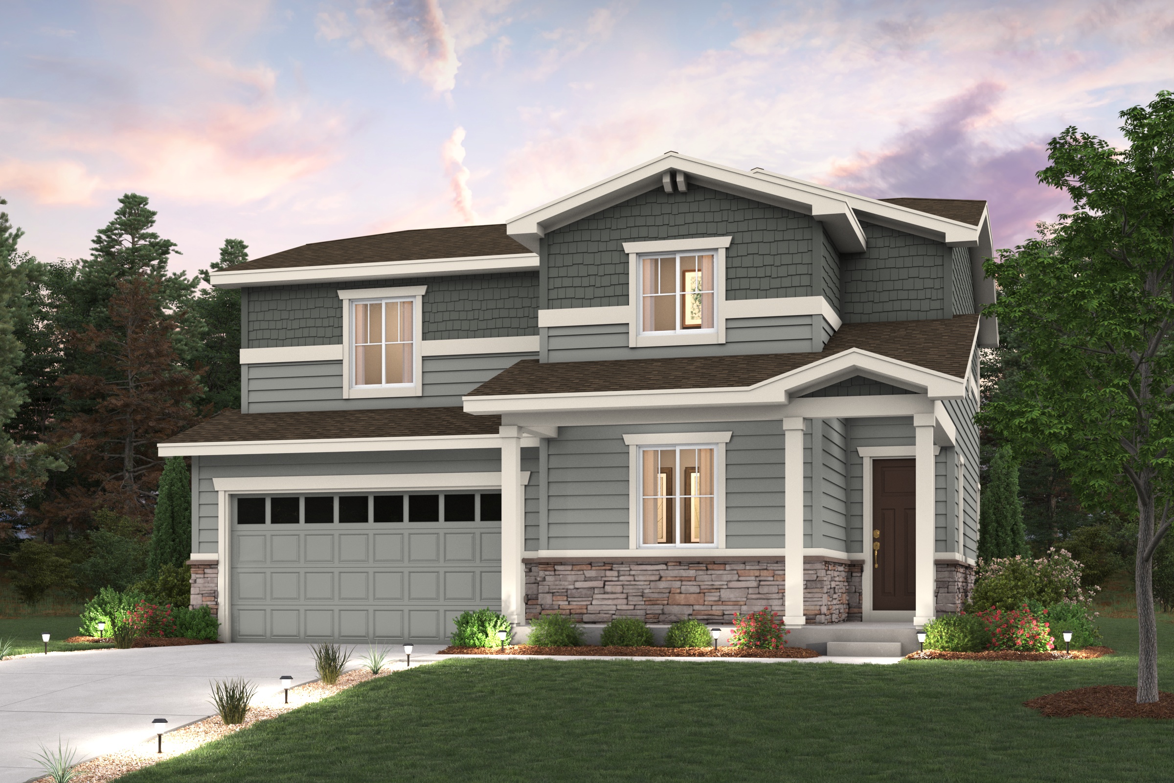 Powell Floorplan Rendering with landscaping and Elevation B exterior Finishes