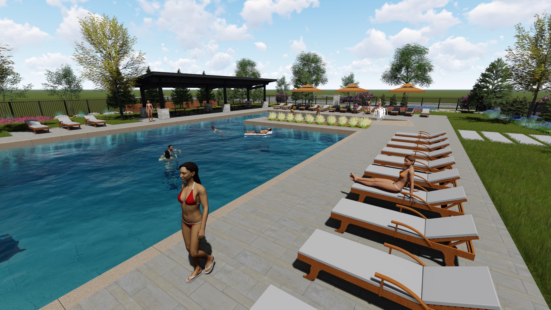 A person standing next to a pool.