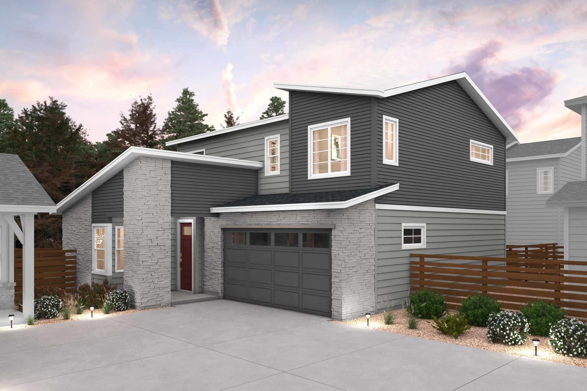A grey house with a garage.