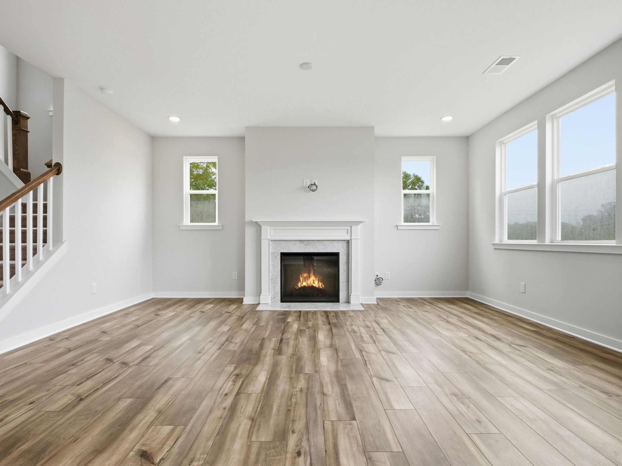 A fireplace in a room.