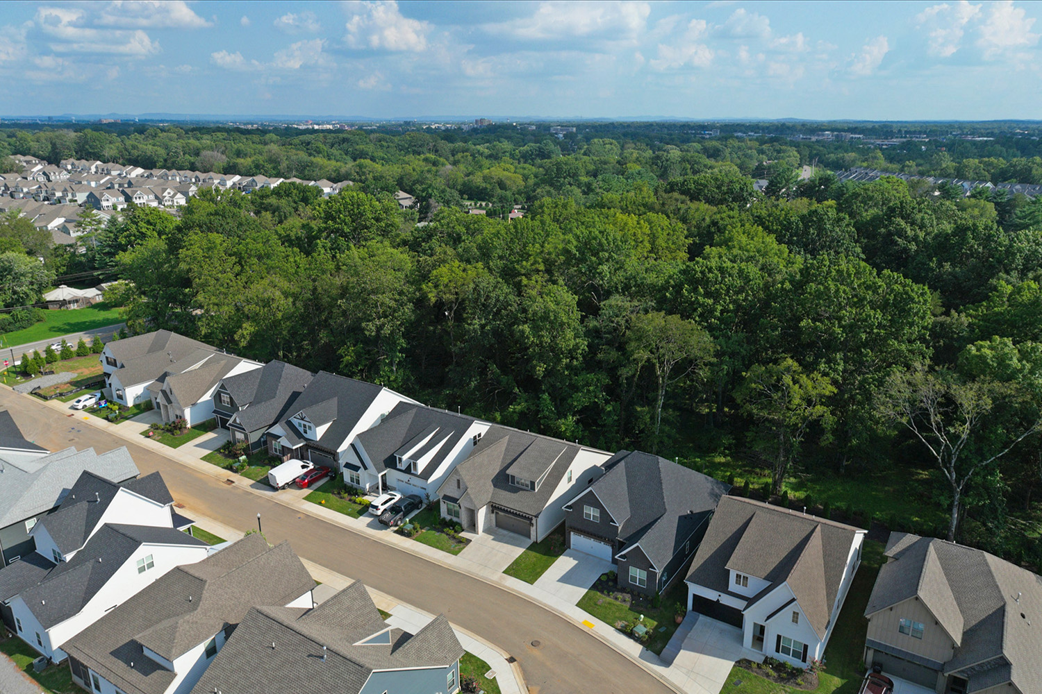 A group of houses with trees in the back.