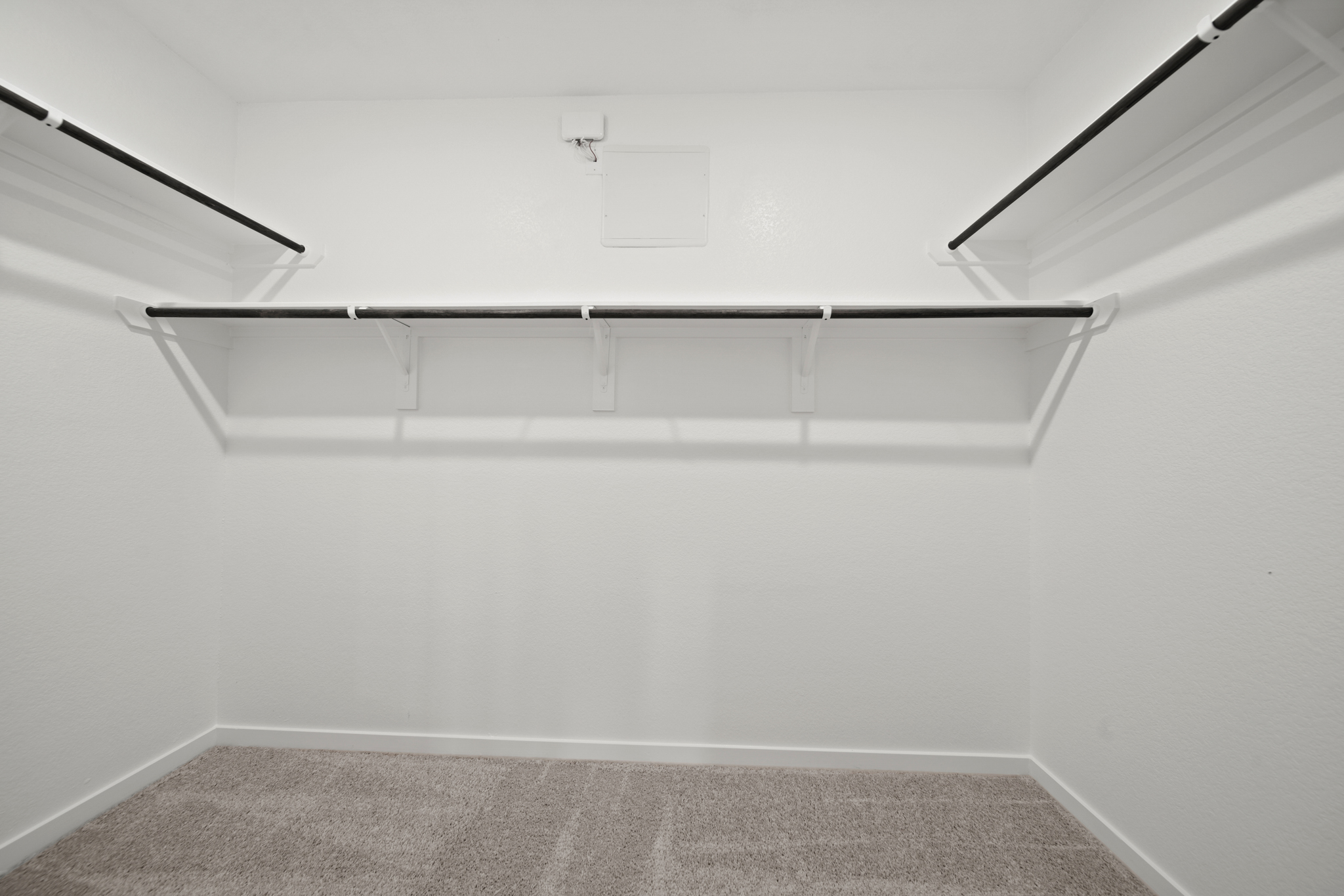 A white wall with a grey carpet.