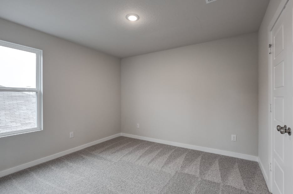 A room with a carpet and windows.