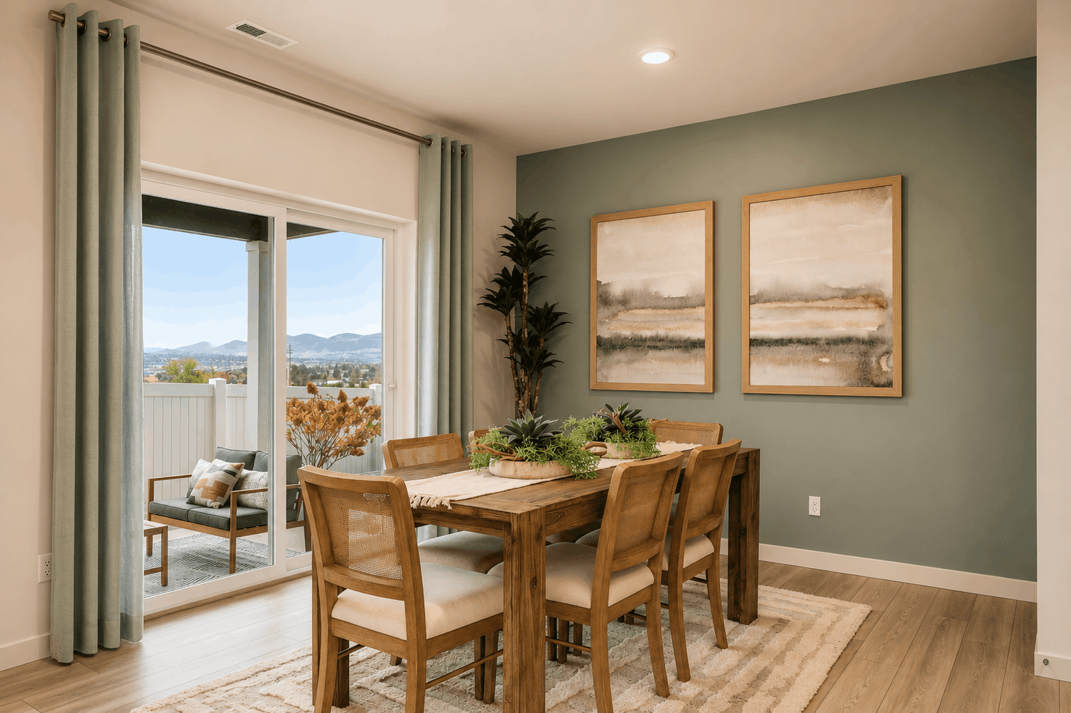 A dining room table with chairs and a large window.