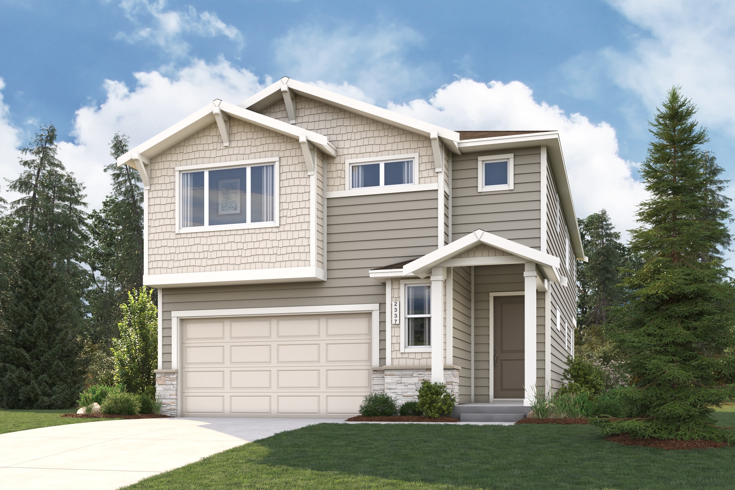 A house with a garage and trees around it.