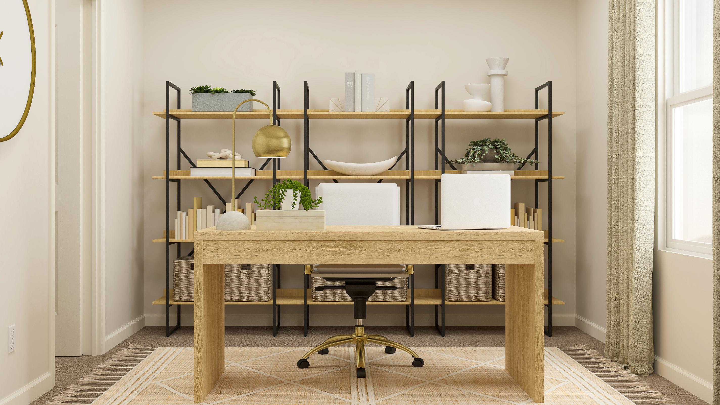 A table with a stool and a shelf with pots on it.