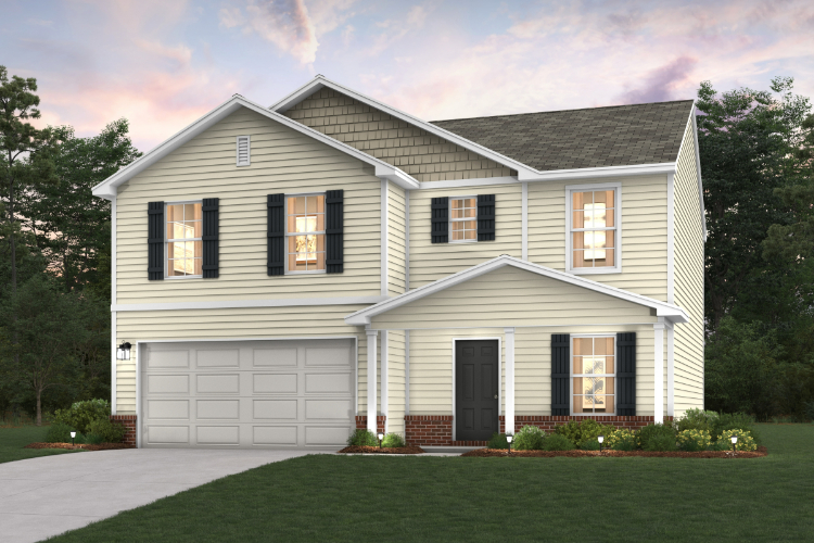 A white house with a garage.